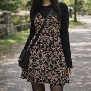 Forever 21 - Damask Sleeveless Beige & Black Skater Dress